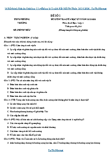 16 Đề thi và Đáp án Sinh học 11 giữa học kì 2 sách Kết Nối Tri Thức 2025-2026
