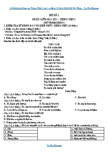 16 Đề thi và Đáp án Tiếng Việt Lớp 2 giữa kì 2 Sách Kết Nối Tri Thức