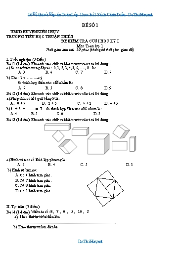 16 Đề thi và Đáp án Toán Lớp 1 học kì 1 Sách Cánh Diều