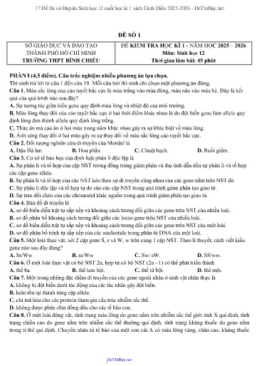 17 Đề thi và Đáp án Sinh học 12 cuối học kì 1 sách Cánh Diều 2025-2026
