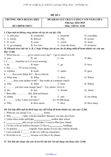 18 Đề thi và Đáp án kỳ thi KSCL cuối năm Tiếng Anh 6