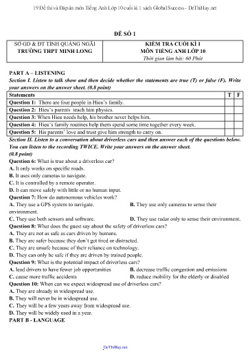 19 Đề thi và Đáp án môn Tiếng Anh Lớp 10 cuối kì 1 sách Global Success