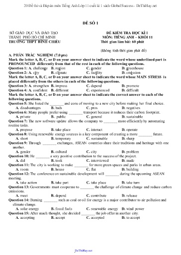 20 Đề thi và Đáp án môn Tiếng Anh Lớp 11 cuối kì 1 sách Global Success