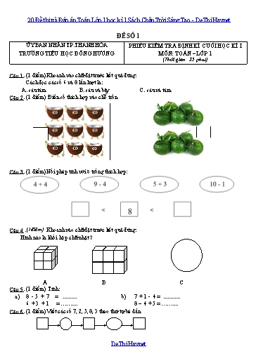 20 Đề thi và Đáp án Toán Lớp 1 học kì 1 Sách Chân Trời Sáng Tạo