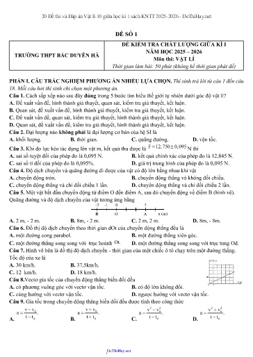 20 Đề thi và Đáp án Vật lí 10 giữa học kì 1 sách KNTT 2025-2026
