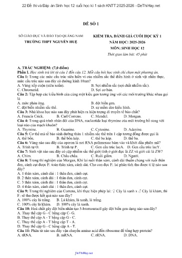 22 Đề thi và Đáp án Sinh học 12 cuối học kì 1 sách KNTT 2025-2026