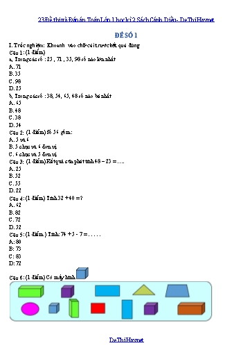23 Đề thi và Đáp án Toán Lớp 1 học kì 2 Sách Cánh Diều