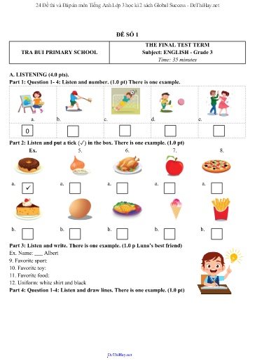 24 Đề thi và Đáp án môn Tiếng Anh Lớp 3 học kì 2 sách Global Success