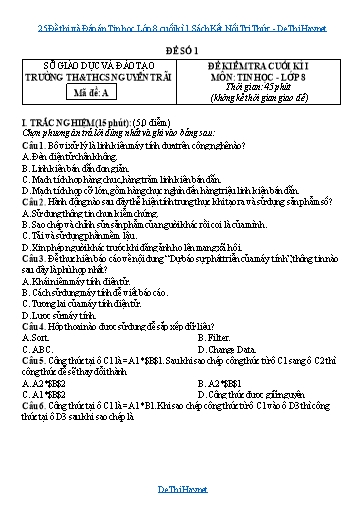 25 Đề thi và Đáp án Tin học Lớp 8 cuối kì 1 Sách Kết Nối Tri Thức