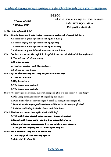 27 Đề thi và Đáp án Sinh học 11 giữa học kì 1 sách Kết Nối Tri Thức 2025-2026