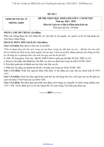 7 Đề thi và Đáp án HSG Lịch sử 9 cấp Huyện năm học 2024-2025