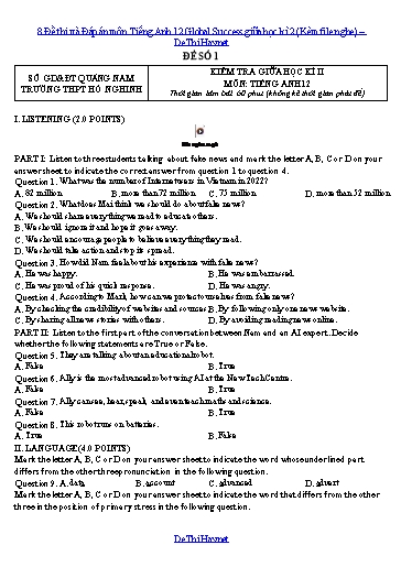 8 Đề thi và Đáp án môn Tiếng Anh 12 Global Success giữa học kì 2 (Kèm file nghe)