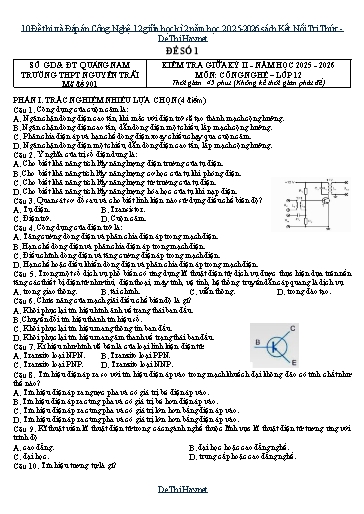 Đề thi và Đáp án Công Nghệ 12 giữa học kì 2 năm học 2025-2026 sách Kết Nối Tri Thức
