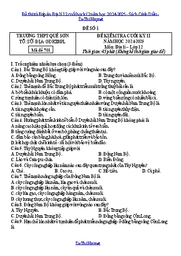 Đề thi và Đáp án Địa lí 12 cuối học kì 2 năm học 2024-2025 - Sách Cánh Diều