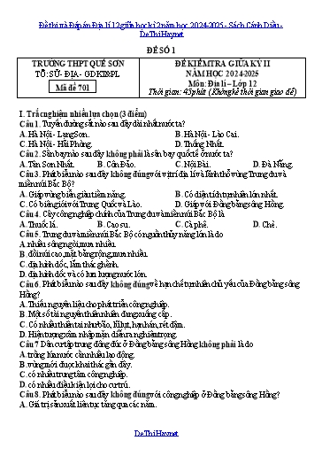 Đề thi và Đáp án Địa lí 12 giữa học kì 2 năm học 2024-2025 - Sách Cánh Diều