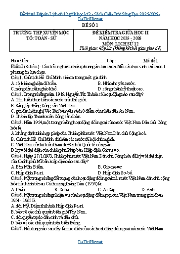 Đề thi và Đáp án Lịch sử 12 giữa học kì 2 - Sách Chân Trời Sáng Tạo 2025-2026