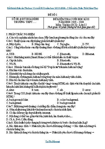 Đề thi và Đáp án Tin học 12 cuối Kì 2 năm học 2025-2026 - 7 Đề sách Chân Trời Sáng Tạo