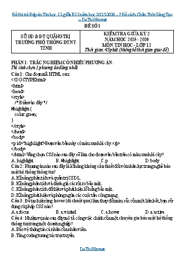 Đề thi và Đáp án Tin học 12 giữa Kì 2 năm học 2025-2026 - 7 Đề sách Chân Trời Sáng Tạo