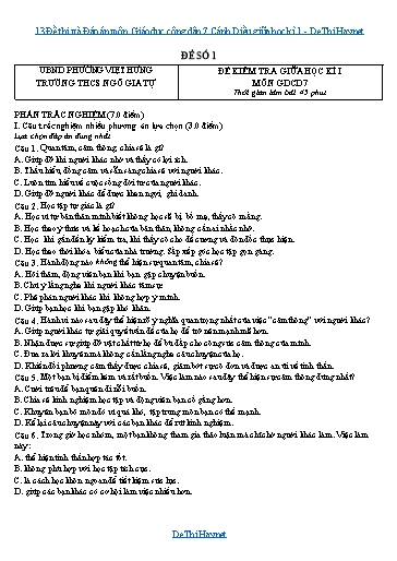 13 Đề thi và Đáp án môn Giáo dục công dân 7 Cánh Diều giữa học kì 1