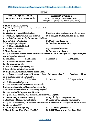14 Đề thi và Đáp án môn Giáo dục công dân 7 Cánh Diều cuối học kì 1