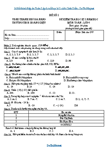 16 Đề thi và Đáp án Toán Lớp 6 cuối học kì 1 sách Cánh Diều