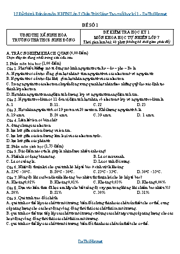17 Đề thi và Đáp án môn KHTN Lớp 7 Chân Trời Sáng Tạo cuối học kì 1