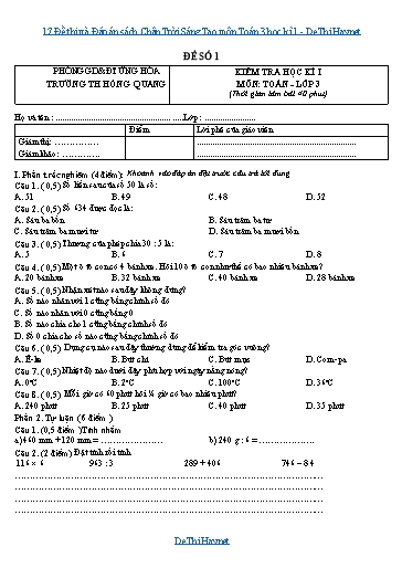 17 Đề thi và Đáp án sách Chân Trời Sáng Tạo môn Toán 3 học kì 1