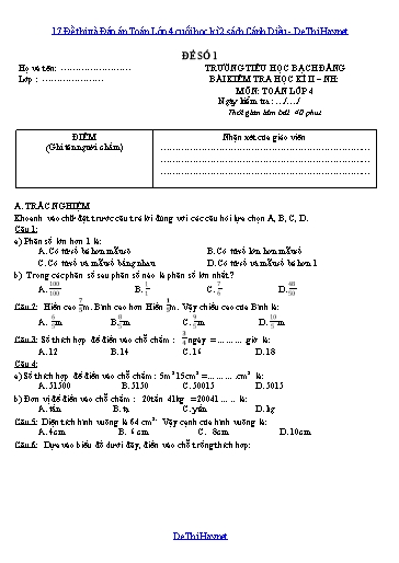 17 Đề thi và Đáp án Toán Lớp 4 cuối học kì 2 sách Cánh Diều