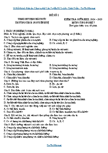 18 Đề thi và Đáp án Công nghệ Lớp 7 giữa Kì 2 sách Cánh Diều