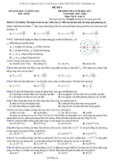 18 Đề thi và Đáp án Vật lí 11 cuối học kì 2 sách CTST 2025-2026