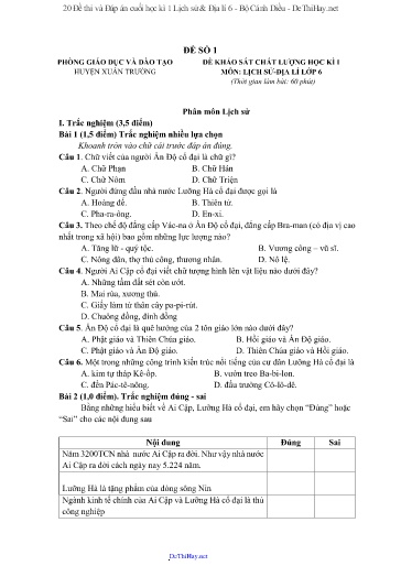 20 Đề thi và Đáp án cuối học kì 1 Lịch sử & Địa lí 6 - Bộ Cánh Diều
