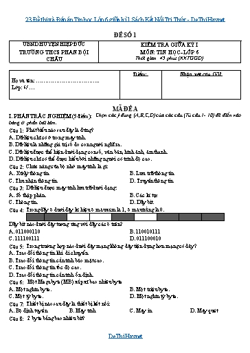 23 Đề thi và Đáp án Tin học Lớp 6 giữa kì 1 Sách Kết Nối Tri Thức