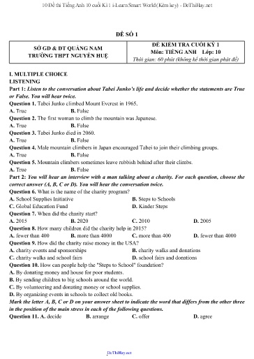 10 Đề thi Tiếng Anh 10 cuối Kì 1 i-Learn Smart World (Kèm key)