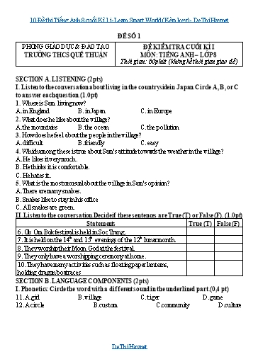 10 Đề thi Tiếng Anh 8 cuối Kì 1 i-Learn Smart World (Kèm key)
