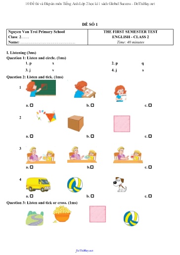 10 Đề thi và Đáp án môn Tiếng Anh Lớp 2 học kì 1 sách Global Success