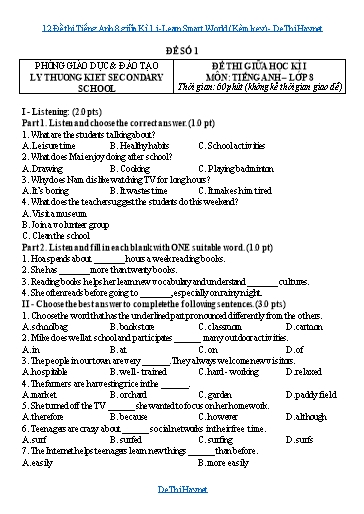 12 Đề thi Tiếng Anh 8 giữa Kì 1 i-Learn Smart World (Kèm key)