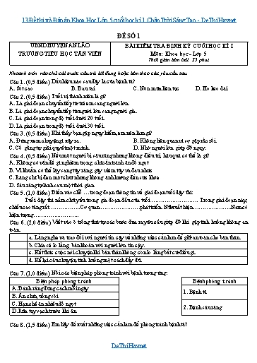 13 Đề thi và Đáp án Khoa Học Lớp 5 cuối học kì 1 Chân Trời Sáng Tạo