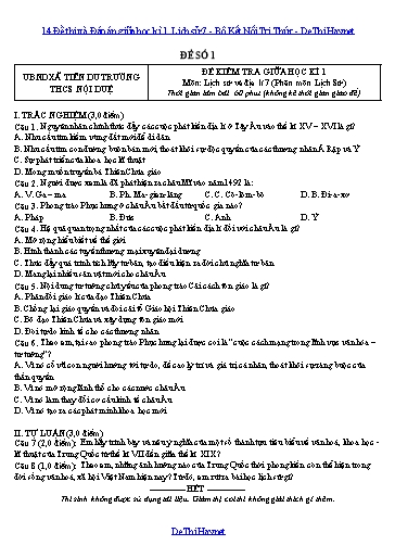 14 Đề thi và Đáp án giữa học kì 1 Lịch sử 7 - Bộ Kết Nối Tri Thức