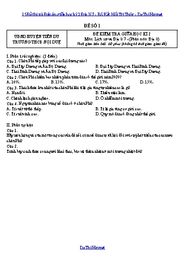 15 Đề thi và Đáp án giữa học kì 2 Địa lí 7 - Bộ Kết Nối Tri Thức