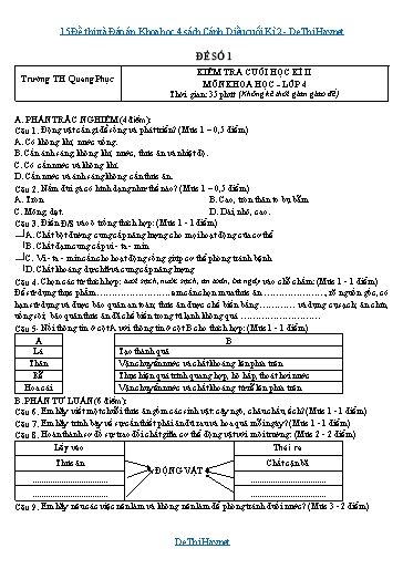 15 Đề thi và Đáp án Khoa học 4 sách Cánh Diều cuối Kì 2