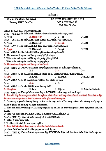 16 Đề thi và Đáp án cuối học kì 1 môn Tin học 11 Cánh Diều