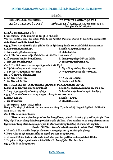 16 Đề thi và Đáp án giữa học kì 1 Địa lí 8 - Bộ Chân Trời Sáng Tạo