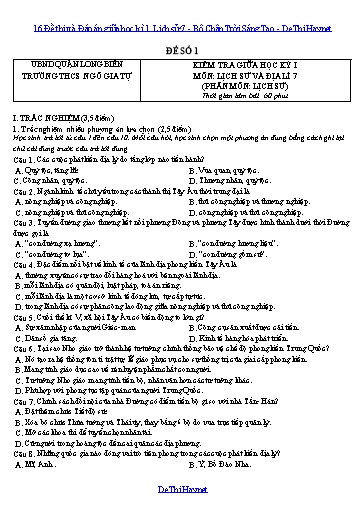 16 Đề thi và Đáp án giữa học kì 1 Lịch sử 7 - Bộ Chân Trời Sáng Tạo