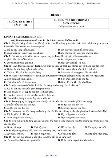 18 Đề thi và Đáp án Giáo dục công dân 8 giữa học kì 1 sách Chân Trời Sáng Tạo