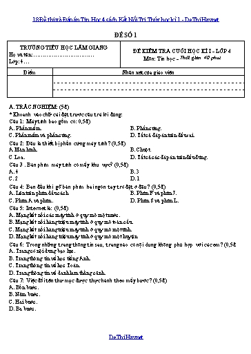 18 Đề thi và Đáp án Tin Học 4 sách Kết Nối Tri Thức học kì 1