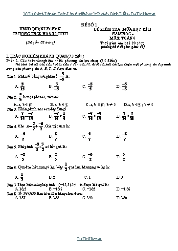 18 Đề thi và Đáp án Toán Lớp 6 giữa học kì 2 sách Cánh Diều