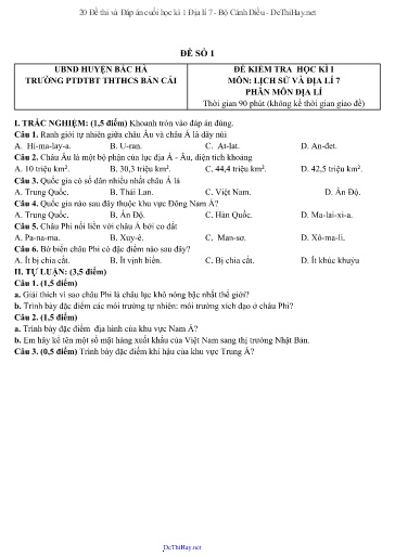 20 Đề thi và Đáp án cuối học kì 1 Địa lí 7 - Bộ Cánh Diều