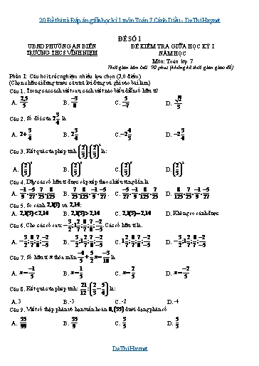 20 Đề thi và Đáp án giữa học kì 1 môn Toán 7 Cánh Diều
