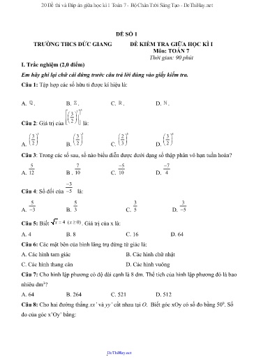 20 Đề thi và Đáp án giữa học kì 1 Toán 7 - Bộ Chân Trời Sáng Tạo