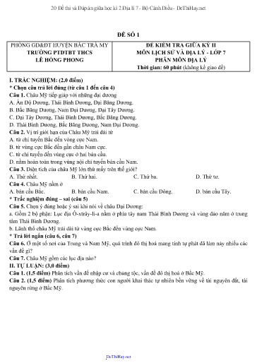 20 Đề thi và Đáp án giữa học kì 2 Địa lí 7 - Bộ Cánh Diều